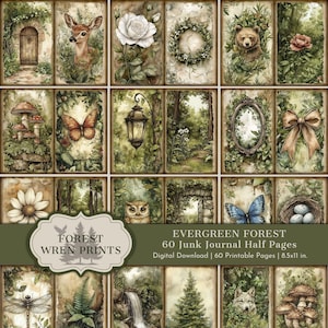 May include: A collection of 16 digital art prints with a forest theme. Each print features watercolor illustrations of woodland creatures, flowers, and forest scenes. The prints are arranged in a grid, with the text "FOREST WREN PRINTS" and "EVERGREEN FOREST" at the bottom.
