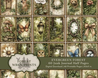 Evergreen Forest Junk Journal HALF PAGES, Botanical Scrapbook Background Paper, Woodland Animal Ephemera Rustic Nature Green Watercolor page