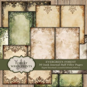 May include: A collection of vintage-style journal pages with ornate borders and aged paper textures. The pages include lined and unlined options, with a color palette of greens, browns, and creams. The text reads "EVERGREEN FOREST 30 Junk Journal Half Filler Pages 8.5x11 in."