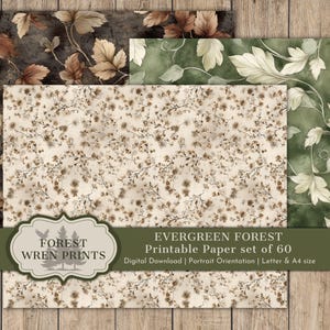 May include: A collection of printable papers with botanical designs. The papers feature patterns of leaves and floral arrangements in shades of brown, green, and cream. The image includes the text "FOREST WREN PRINTS" and "EVERGREEN FOREST Printable Paper set of 60".
