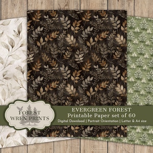 May include: Three sheets of patterned paper with leaf designs. One sheet has a cream background with brown leaves, another has a dark background with brown and gray leaves, and the third has a green background with white leaves. The text "FOREST WREN PRINTS" is visible.