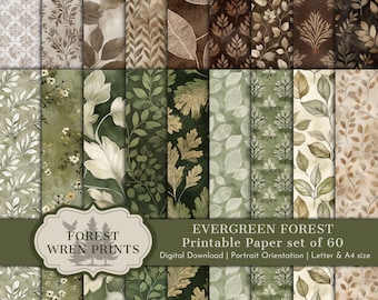 Evergreen Forest Digital Paper, Rustic Junk Journal Pages, Vintage Woodland Craft Paper, Green Botanical Scrapbook, Brown Backing, Ephemera