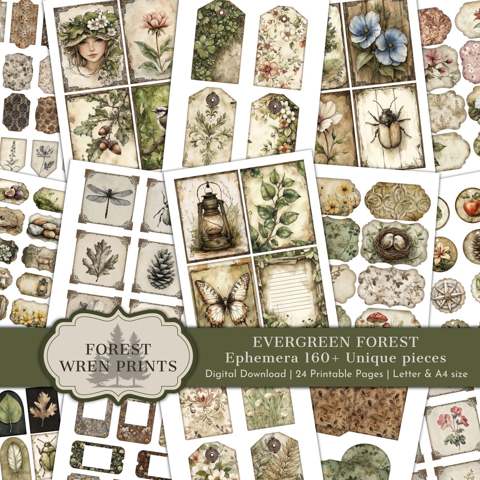 Evergreen Forest Junk Journal Ephemera Printables, Watercolor Woodland ...