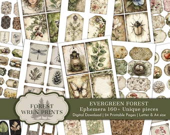 Evergreen Forest Junk Journal Ephemera Printables, Watercolor Woodland Botanical Digital Download Fussy Cuts, Vintage Green Nature Scrapbook