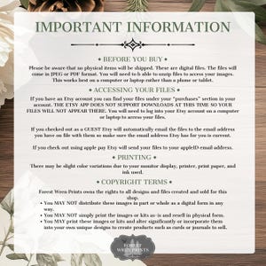 May include: A beige digital download information sheet with the text "IMPORTANT INFORMATION". The sheet details digital file access, printing, and copyright terms. The Forest Wren Prints logo is at the bottom.