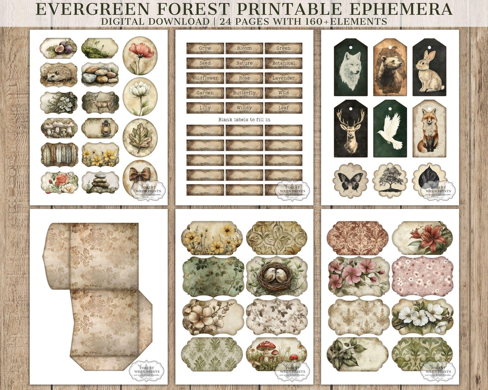 Evergreen Forest Junk Journal Ephemera Printables, Watercolor Woodland ...