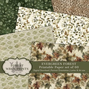 May include: A collection of patterned papers with botanical designs. The papers feature various leaf and floral patterns in shades of green, brown, and cream. The image includes text that reads "FOREST WREN PRINTS" and "EVERGREEN FOREST Printable Paper set of 60".