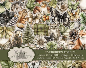 Evergreen Forest FUSSY CUTS, Junk Journal, Forest Woodland Scrapbook Add-Ons Vintage Nature Elements, Birds Plants Garden Layering Butterfly