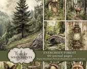 Evergreen Forest Junk Journal Pages, Botanical Journaling Background Papers, Forest Animals Ephemera, Rustic Watercolor Forest Digital Paper