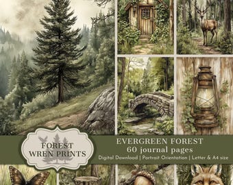 Evergreen Forest Junk Journal Pages, Botanical Journaling Background Papers, Forest Animals Ephemera, Rustic Watercolor Forest Digital Paper