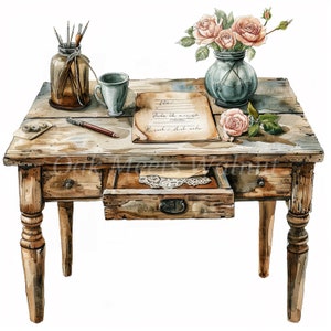 Writer&#39;s Desk Table, Clipart Bundle- 10 High Quality Watercolor JPGs, Writer, Printable Images, Digital download, Paper craft, Junk journal
