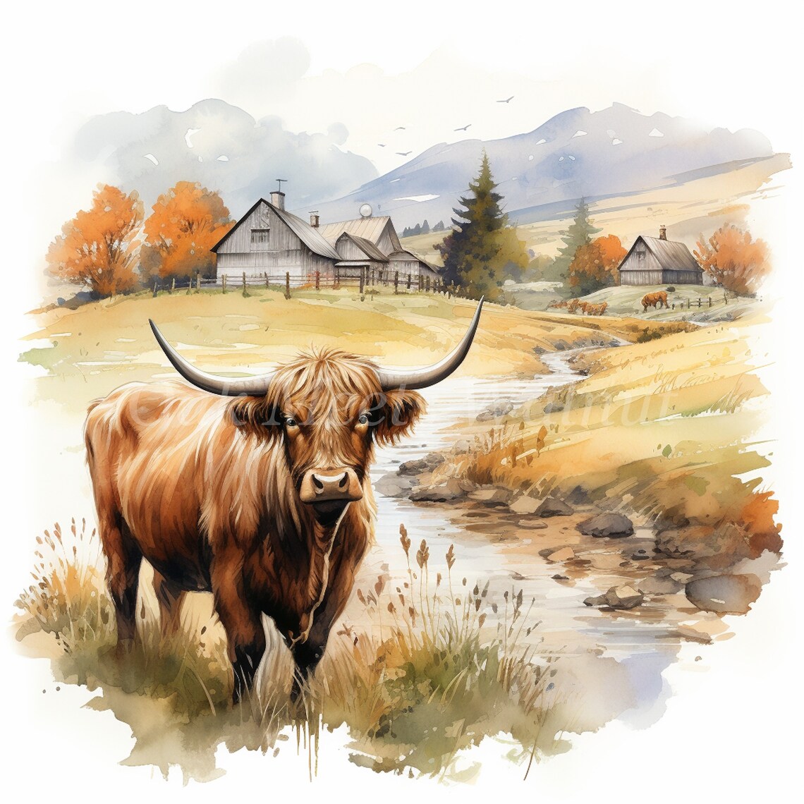 Watercolor Highland Cow Clipart Bundle: Farm Animal Graphics (digital ...