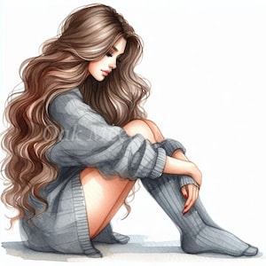 Chica con suéter gris: 10 archivos JPG de acuarela de alta calidad, Chica de moda, Descarga digital, Manualidades de papel, Diario basura, Uso comercial, Imprimibles