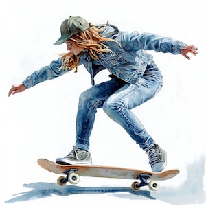 Skater Girl Clipart Bundle- 10 High Quality Watercolor JPGs, Moody Season, Printable Images, Digital download, Scrapbooking, Junk journal