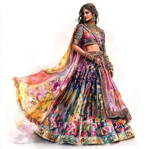 Indian Woman in Lehenga Clipart Bundle 10 JPG ad alta risoluzione ad acquerello per il diario spazzatura, scrapbooking, artigianato di carta, download digitale, creazione di biglietti