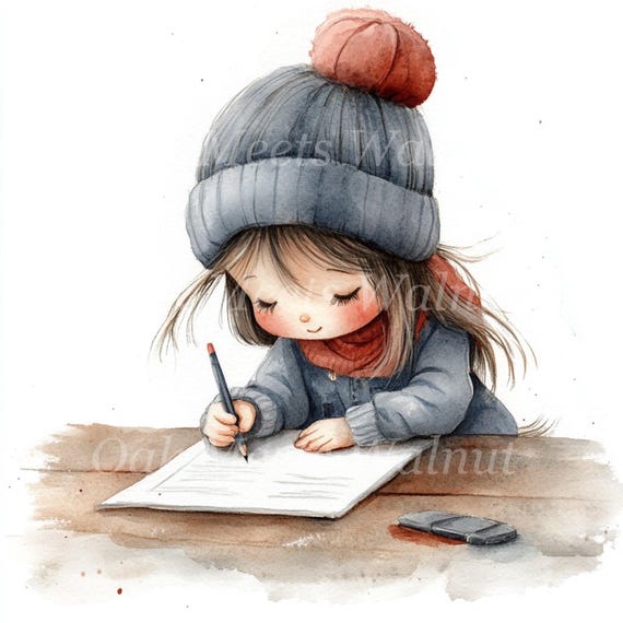 水彩画を学ぶ少女：印刷可能なクリップアートバンドル（デジタル