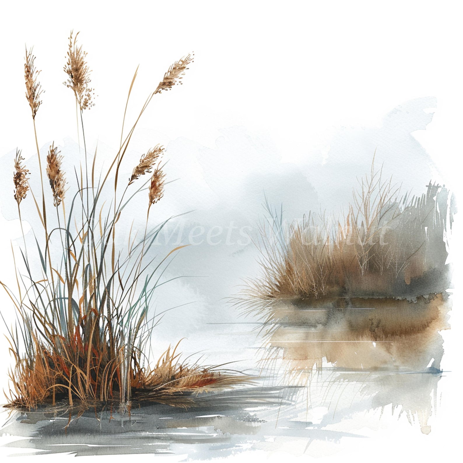 Watercolour Reeds Cattails and Reeds in Water Pond- 10 High Quality Watercolor Jpgs ...