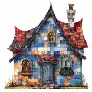 Patchwork House Clipart Bundle- 10 High Quality Watercolor JPGs, Quilted Fabric Illustrations, Digital download,Junk journal,Quilt Images
