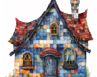 Clipart maison en patchwork : illustrations de courtepointes aquarelles (téléchargement numérique)