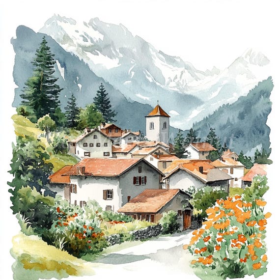 スイスアルプスの村の水彩画クリップアートバンドル（デジタル