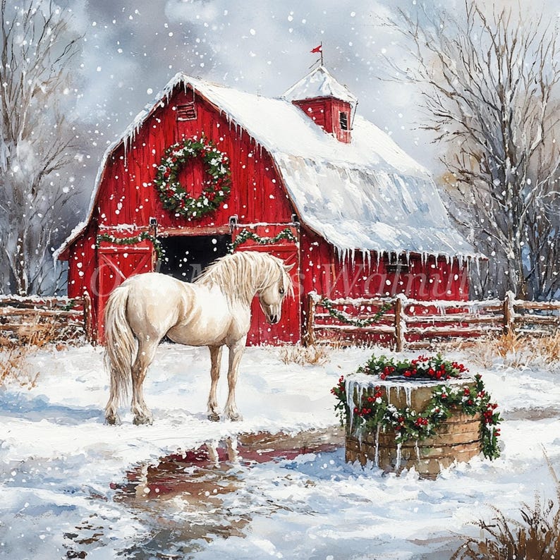 Watercolor Winter Barn Horse Clipart: Holiday JPG Bundle (digital ...