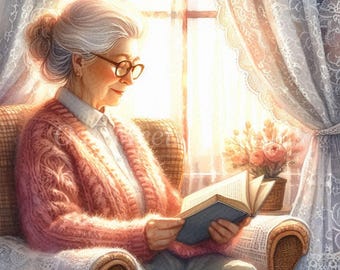 Grandma Reading Watercolor Clipart Bundle: Cozy Elderly Woman Illustrations (Digital Download)
