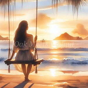 Donna sull'altalena in spiaggia Clipart Bundle 10 JPG ad alta risoluzione ad acquerello per diario spazzatura, album, artigianato, download digitale, creazione di biglietti