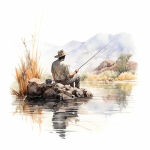 Man Fishing Clipart, Boat Fishing Landscape, Printable Watercolor clipart JPGs- 10 High Quality Digital Download, Paper craft, Junk Journal