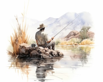 Hombre pescando imágenes prediseñadas, paisaje de pesca en barco, imágenes prediseñadas de acuarela imprimibles JPGs- 10 descarga digital de alta calidad, artesanía de papel, diario basura