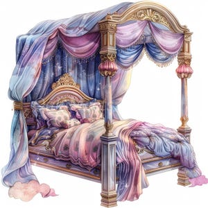 Princess Bed Clipart Bundle- 10 High Quality Watercolor JPGs,Printable Images, Digital download, Paper craft, Junk journaling Scrapbooking