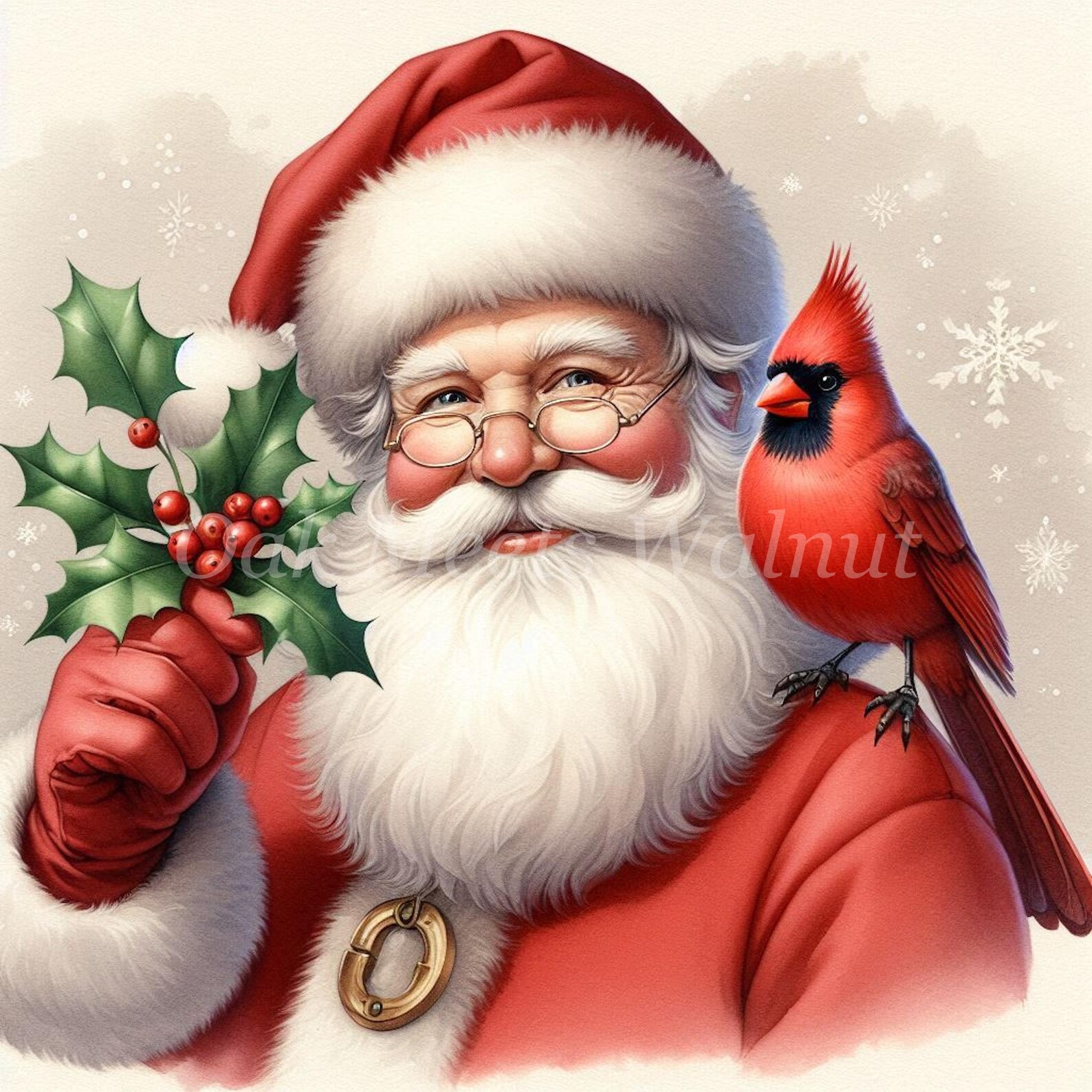 Vintage Santa Cardinal Clipart: Watercolor Christmas Illustrations ...
