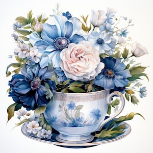 Floral Teetasse Clipart Bundle - 10 hochwertige Aquarell JPGs, Kartenherstellung, druckbare Bilder, digitaler Download, Papiermodell, Junk Journal