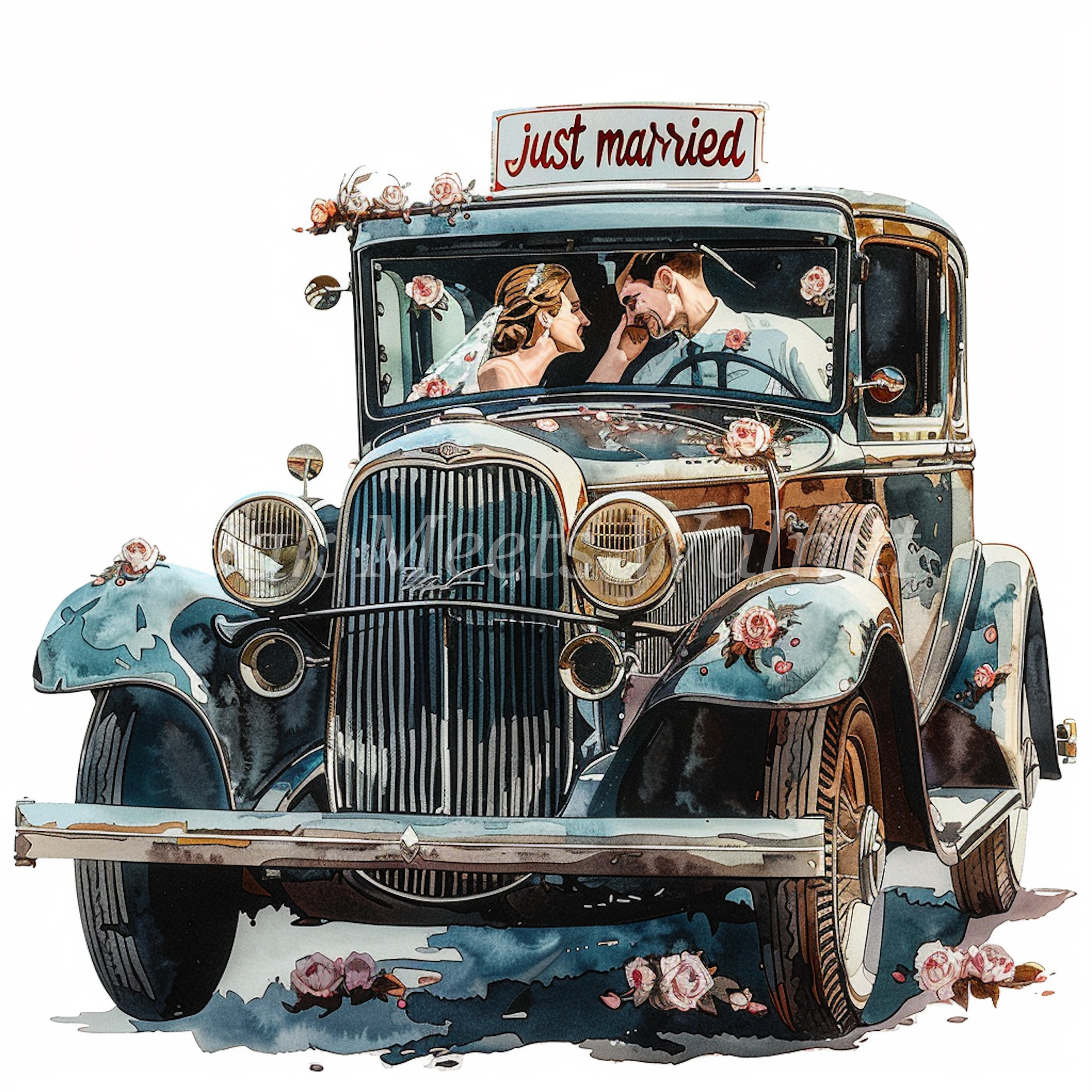 Watercolor Just Married Car Clipart: Vintage Wedding Images (digital ...