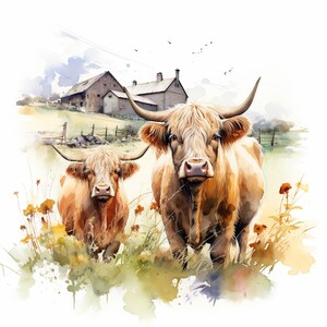 Puede incluir: Dos vacas Highland, una marrón y otra marrón claro, se encuentran en un campo de hierba verde y flores silvestres. Las vacas miran a la cámara. En el fondo hay una pintura de acuarela de una escena de granja.