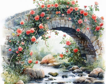 Old Stone Bridge cubierto de Roses Clipart Bundle- 10 JPG de acuarela de alta calidad, hermoso álbum de recortes, descarga digital, diario basura