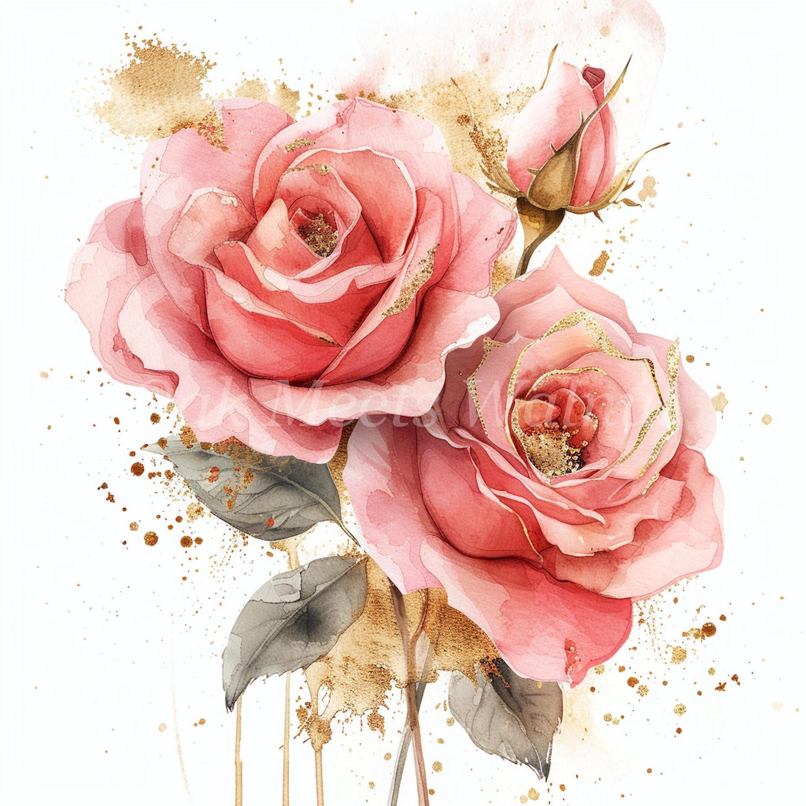 Pink Roses With Golden Glitter Clipart Bundle 10 High Quality Jpgs ...