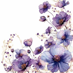 Pacote de clipart de elementos de flores roxas - 10 JPGs de aquarela de alta qualidade, imagens para impressão, download digital, artesanato em papel, diário de lixo
