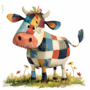 Bundle fantaisiste de cliparts vache en patchwork - 10 fichiers JPG de haute qualité, belle création numérique en papier, fabrication de cartes, journal indésirable, scrapbooking