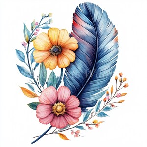 Federn und Blumen Clipart Bundle - 10 hochwertige JPGs in Aquarell, druckbare Bilder, digitaler Download, Papiermodell, Junk Journal