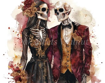 Skeleton Wedding Couple Clipart: Watercolor Gothic Romance (Digital Download)