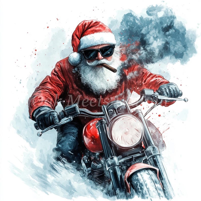 Biker Santa Watercolor Clipart – Motorcycle Santa Jpgs (digital ...