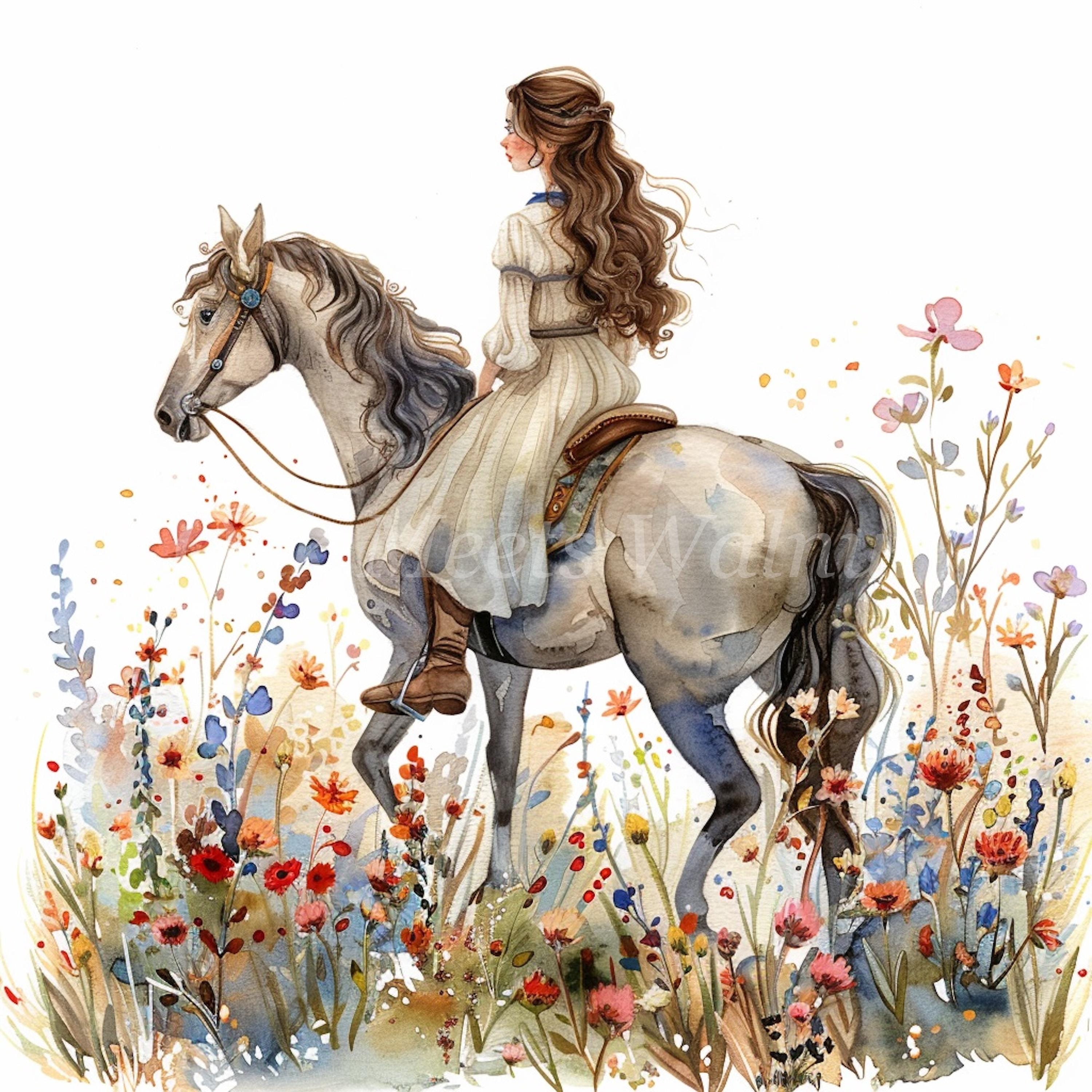 水彩画「馬に乗る女性」クリップアート：花柄の馬アート（デジタル