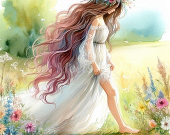 水彩画の女性クリップアート：草原の花のイラスト（デジタル
