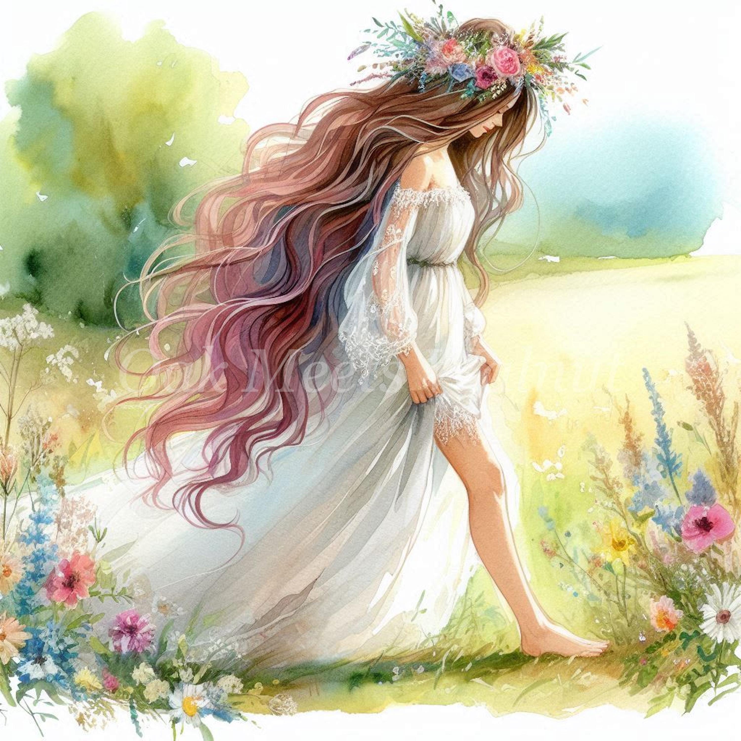水彩画の女性クリップアート：草原の花のイラスト（デジタル