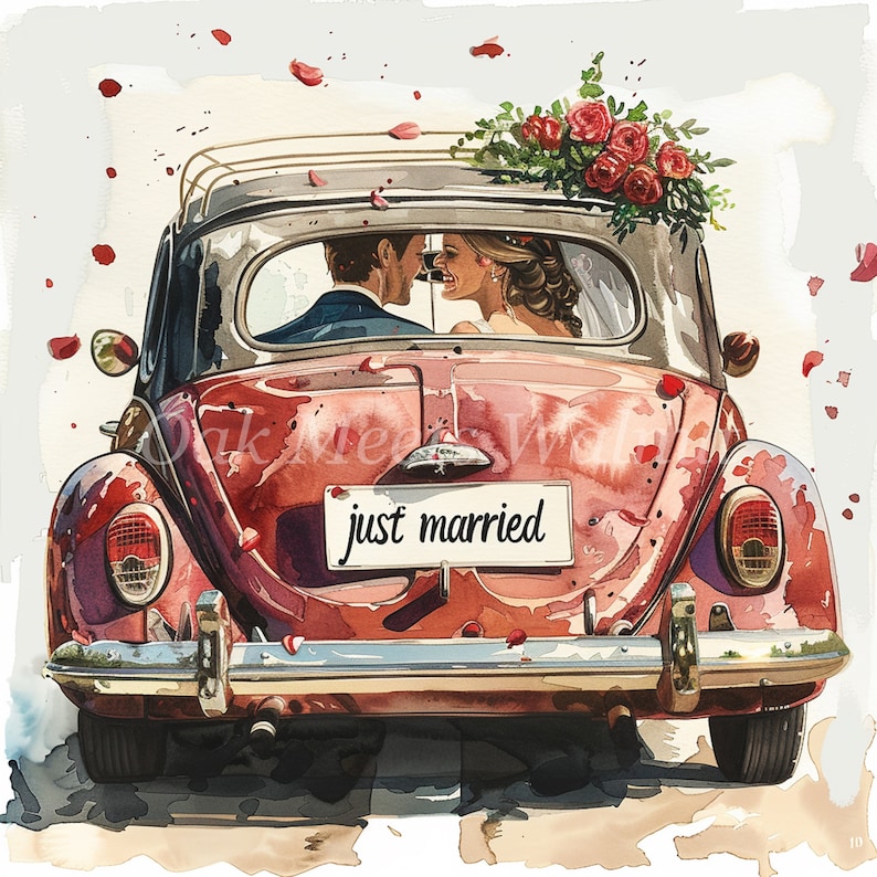 Watercolor Just Married Car Clipart: Vintage Wedding Images (digital ...