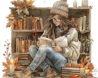 Girl Reading Book Watercolor Clipart Bundle (Digital Download)