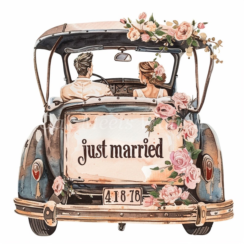 Watercolor Just Married Car Clipart: Vintage Wedding Images (digital ...