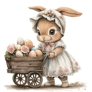 Easter Bunny wearing Dress with Egg Cart Clipart Bundle-10 High Quality Watercolor JPGs, Digital Download, Paper Craft, Junk Journaling
