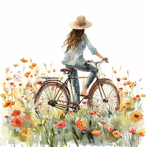 Woman on Bicycle Clipart Bundle - 10 JPG ad acquerello di alta qualità, Creazione di carte, Immagini stampabili, Download digitale, Artigianato, Diario spazzatura