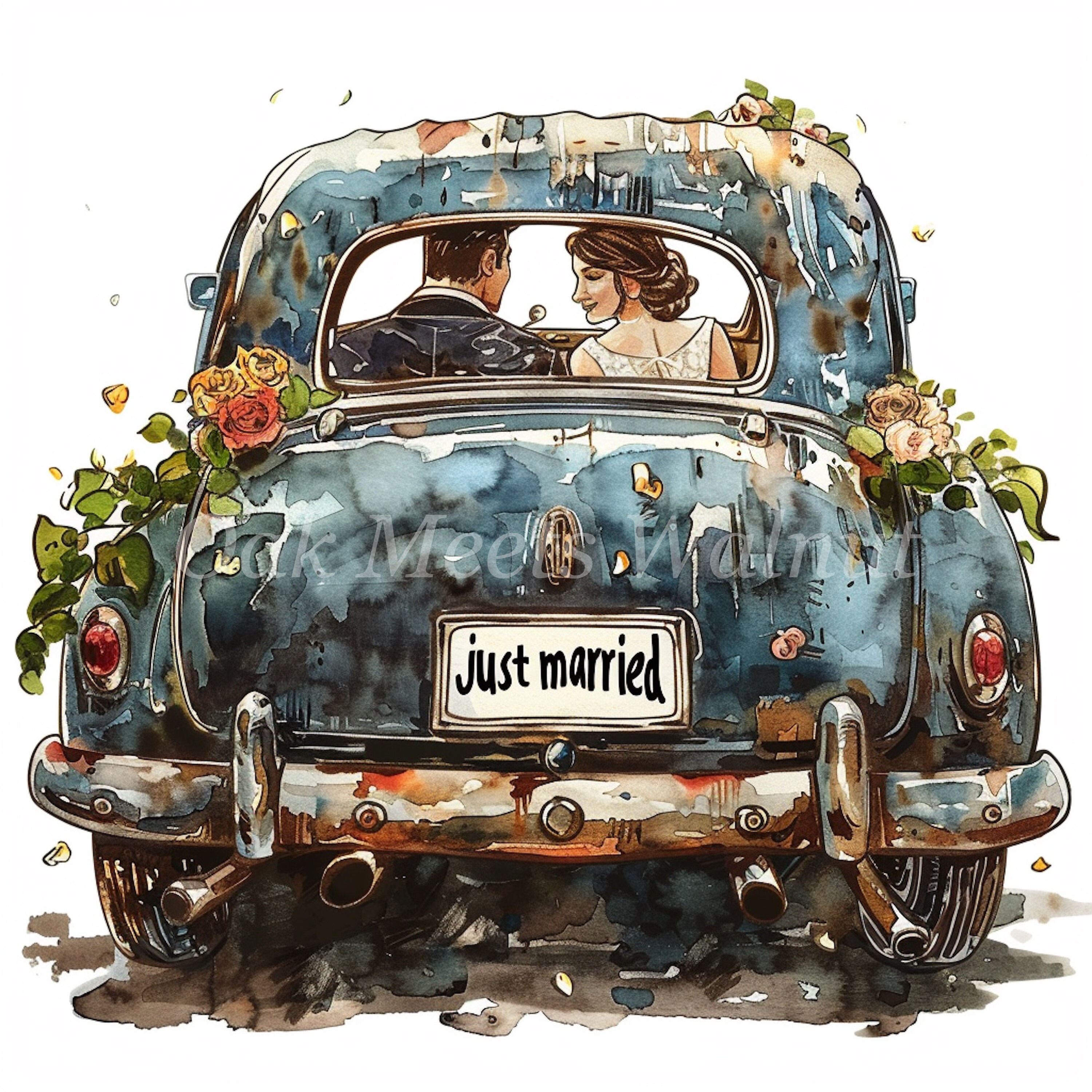 Watercolor Just Married Car Clipart: Vintage Wedding Images (digital ...